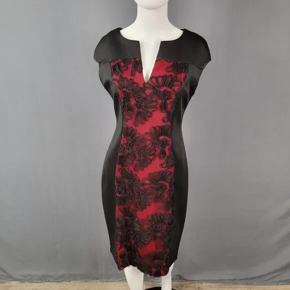 Connected Apparel Bodycon Dress 6 Black Red Floral Appliqué Party - Picture 2 of 11